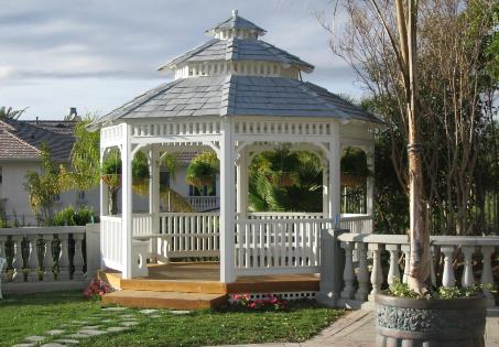 Octagon Wood Gazebo with Staind Blue Cedar Shake Roof tri-level